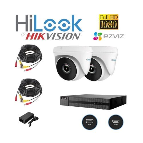 Sistema De Seguridad Kit 2 Camaras Domo + Dvr 4 Canales Hilook By Hikvision Hd 1080P + Cables + Fuente