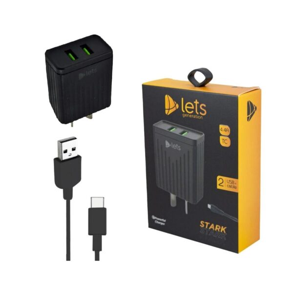 r201352.jpg Cargador Usb Cabezal Carga Rapida 4,4A Stark - 2 Usb A + Cable Tipo C - Lets - Negro Only 1089 Mod21