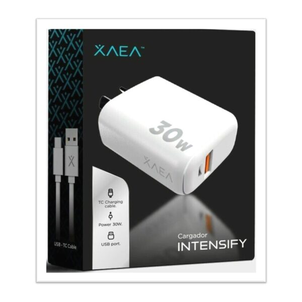 r201747.jpg Cargador Rapido Celular XAEA 220V 1 X USB A y 1 X USB Tipo C 30W Intensify MOD600 Blanco Con Cable