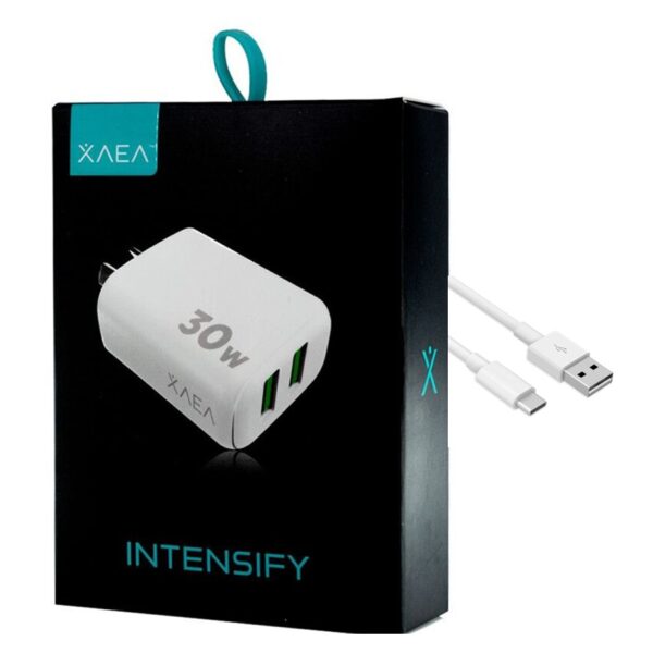 r201748.jpg Cargador Rapido Celular XAEA 220V 2 X USB 30W Intensify MOD600 Blanco