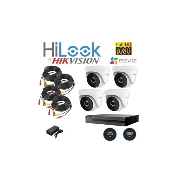 Sistema De Seguridad Kit 4 Camaras Domo + Dvr 4 Canales Hilook By Hikvision Hd 1080P + Cables + Fuente