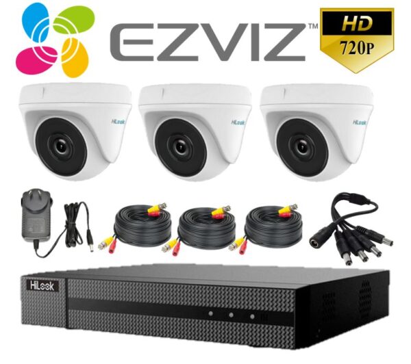Sistema De Seguridad Kit 3 Camaras Domo + Dvr 4 Canales Hilook By Hikvision Hd 1080P + Cables + Fuente