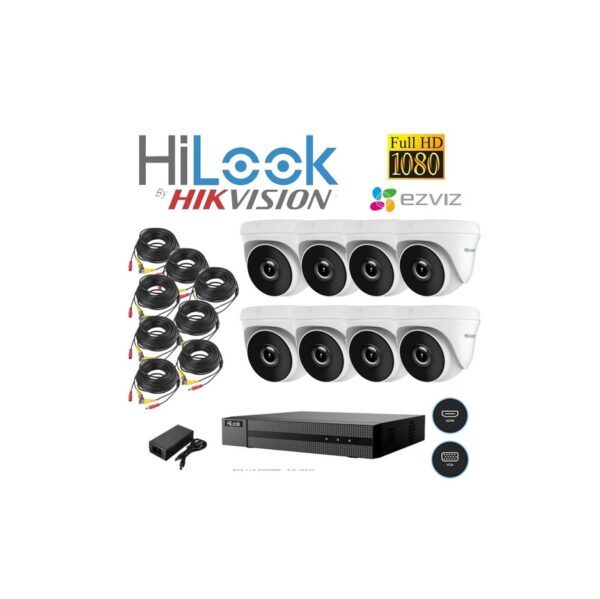 Sistema De Seguridad Kit 8 Camaras Domo + Dvr 8 Canales Hilook By Hikvision Hd 1080P + Cables + Fuente