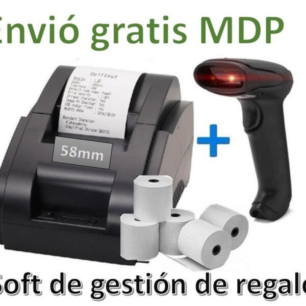 Impresora Termica 58Mm Tickets + Lector Codigos De Barras + 5 Rollos + Soft De Regalo