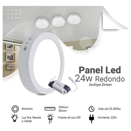 Panel Plafon Led Superficial Aplicar Redondo 24W 220V Blanco Frio