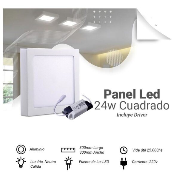 Panel Plafon Led Superficial Aplicar Cuadrado 24W 220V Blanco Frio
