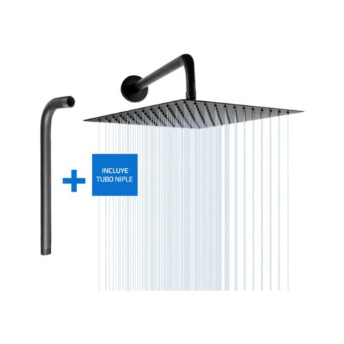 Flor Ducha Cuadrada De Acero Inoxidable De 20X20 Con Brazo De Caño Color Negro
