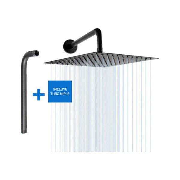 r201072.jpg Flor Ducha Cuadrada De Acero Inoxidable De 20X20 Con Brazo De Caño Color Negro