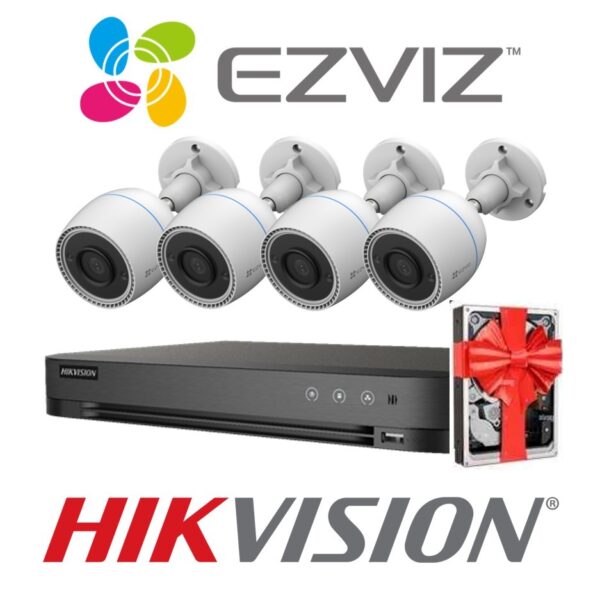 Sistema De Seguridad Kit 4 Camaras Ezviz H3c Wifi Bullet Exterior 1080p  + Nvr 4 Canales Hikvision Hd 1080P + 5 Fuentes + Disco de regalo.