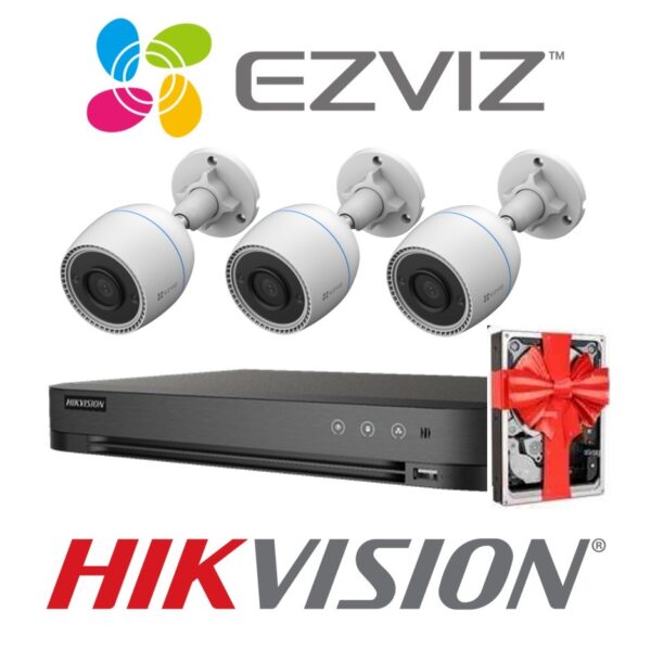 Sistema De Seguridad Kit 3 Camaras Ezviz H3c Wifi Bullet Exterior 1080p  + Nvr 4 Canales Hikvision Hd 1080P + 4 Fuentes + Disco