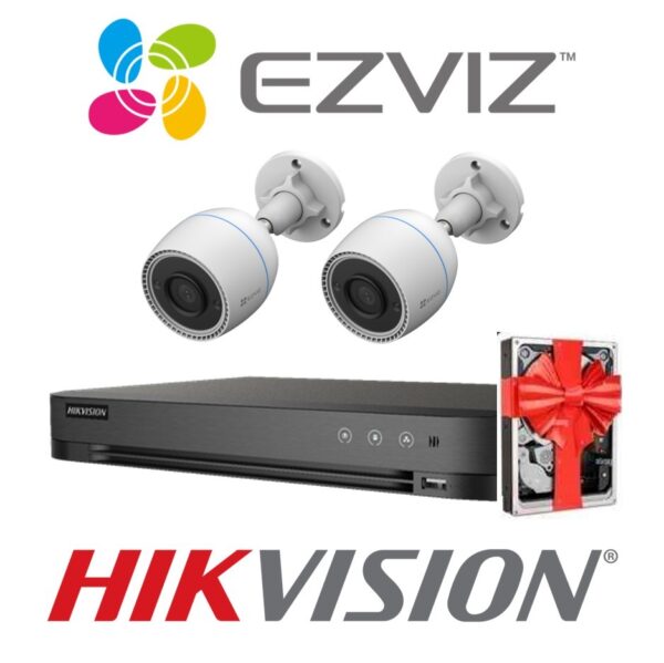 Sistema De Seguridad Kit 2 Camaras Ezviz H3c Wifi Bullet Exterior 1080p  + Nvr 4 Canales Hikvision Hd 1080P + 3 Fuentes + Disco