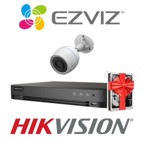 Sistema De Seguridad Kit 1 Camaras Ezviz H3c Wifi Bullet Exterior 1080p  + Nvr 4 Canales Hikvision Hd 1080P + 2 Fuentes + Disco de regalo.
