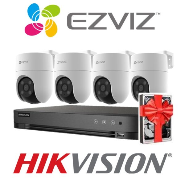 Sistema De Seguridad Kit 4 Camaras Ezviz H8c Wifi Domo Exterior 1080p Motorizada  + Nvr 4 Canales Hikvision Hd 1080P + 5 Fuentes + Disco