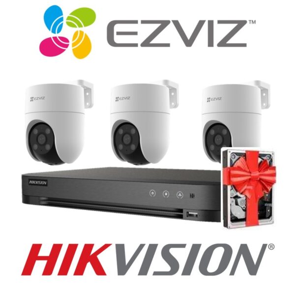 r201106 Sistema De Seguridad Kit 3 Camaras Ezviz H8c Wifi Domo Exterior 1080p Motorizada + Nvr 4 Canales Hikvision Hd 1080P + 4 Fuentes + Disco
