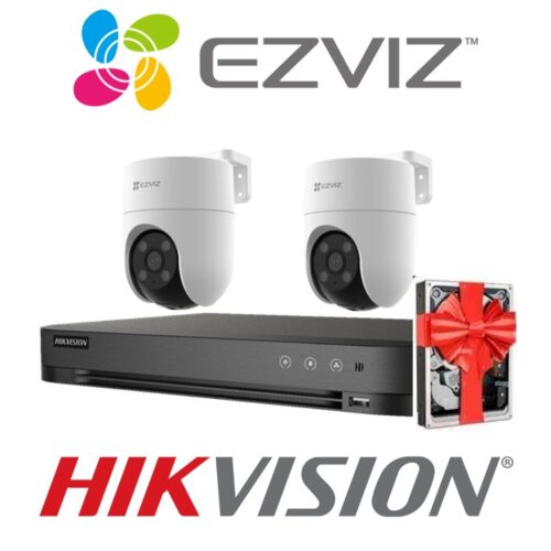 Sistema De Seguridad Kit 2 Camaras Ezviz H8c Wifi Domo Exterior 1080p Motorizada  + Nvr 4 Canales Hikvision Hd 1080P + 3 Fuentes + Disco de regalo.