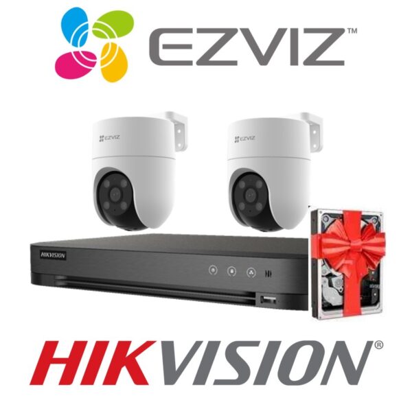 r201107 Sistema De Seguridad Kit 2 Camaras Ezviz H8c Wifi Domo Exterior 1080p Motorizada + Nvr 4 Canales Hikvision Hd 1080P + 3 Fuentes + Disco