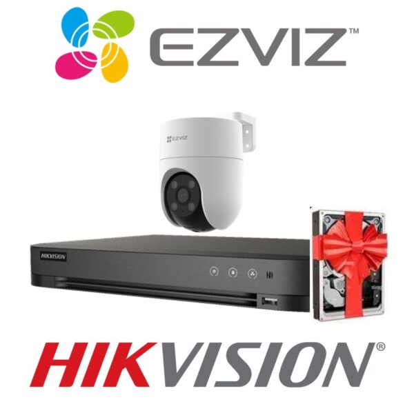 Sistema De Seguridad Kit 1 Camaras Ezviz H8c Wifi Domo Exterior 1080p Motorizada  + Nvr 4 Canales Hikvision Hd 1080P + 2 Fuentes + Disco