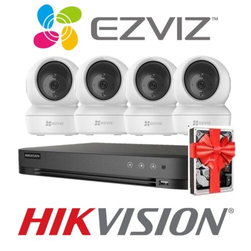 Sistema De Seguridad Kit 4 Camaras Ezviz C6n Wifi Domo Interiorr 1080p Motorizada  + Nvr 4 Canales Hikvision Hd 1080P + 5 Fuentes + Disco de regalo.