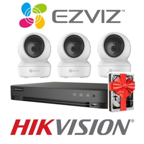 Sistema De Seguridad Kit 3 Camaras Ezviz C6n Wifi Domo Interiorr 1080p Motorizada  + Nvr 4 Canales Hikvision Hd 1080P + 5 Fuentes + Disco de regalo.