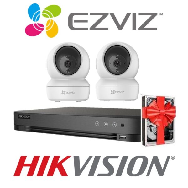 Sistema De Seguridad Kit 2 Camaras Ezviz C6n Wifi Domo Interiorr 1080p Motorizada  + Nvr 4 Canales Hikvision Hd 1080P + 5 Fuentes + Disco