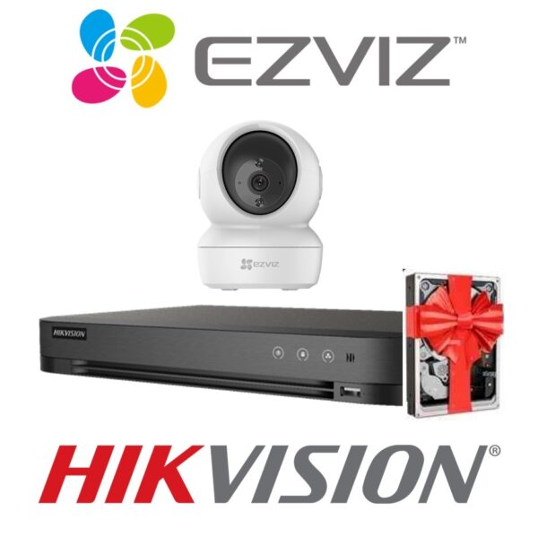 Sistema De Seguridad Kit 1 Camaras Ezviz C6n Wifi Domo Interiorr 1080p Motorizada  + Nvr 4 Canales Hikvision Hd 1080P + 5 Fuentes + Disco