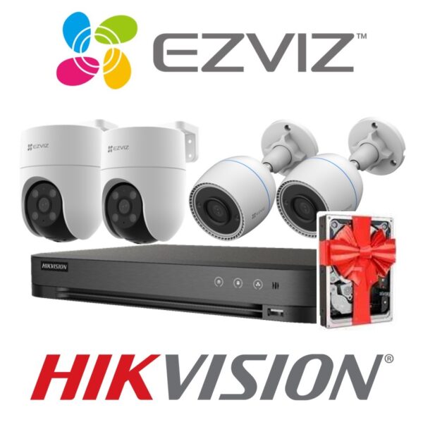 Sistema De Seguridad Kit 4 Camaras Ezviz 2 H8C + 2 H3C Wifi 1080p Exterior + Nvr 4 Canales Hikvision Hd 1080P + 5 Fuentes + Disco