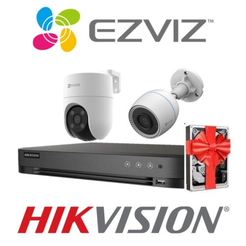 Sistema De Seguridad Kit 2 Camaras Ezviz H8C + H3C Wifi 1080p Exterior + Nvr 4 Canales Hikvision Hd 1080P + 3 Fuentes + Disco de regalo.