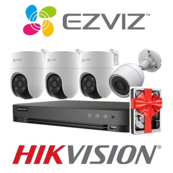 Sistema De Seguridad Kit 4 Camaras Ezviz 3 H8C + H3C Wifi 1080p Exterior + Nvr 4 Canales Hikvision Hd 1080P + 5 Fuentes + Disco de regalo.