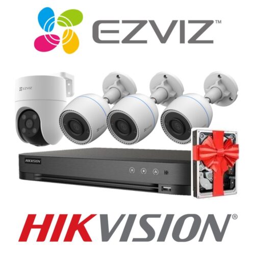 Sistema De Seguridad Kit 4 Camaras Ezviz 1 H8C + 3 H3C Wifi 1080p Exterior + Nvr 4 Canales Hikvision Hd 1080P + 5 Fuentes + Disco de regalo.