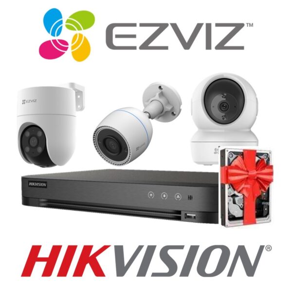 Sistema De Seguridad Kit 3 Camaras Ezviz H8C + H3C Wifi 1080p Exterior + c6n interior + Nvr 4 Canales Hikvision Hd 1080P + 4 Fuentes + Disco