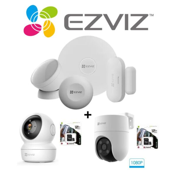 Alarma Ezviz Smart Home Con 4 Sensores + Camara C6N Interior + Camara Exterior H8C 1080P + Microsd 128G X 2