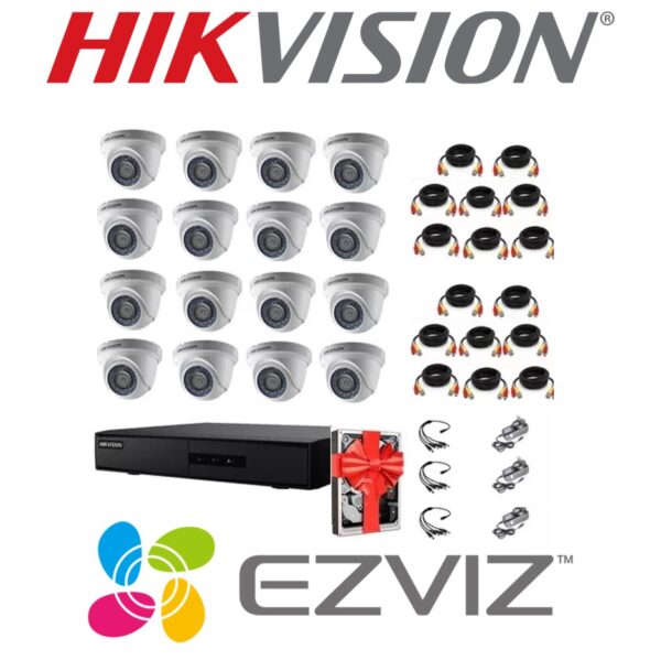 Sistema De Seguridad Kit 16 Camaras Domo + Dvr 16 Canales Hikvision Hd 1080P + Cable + 4 Fuentes + Disco