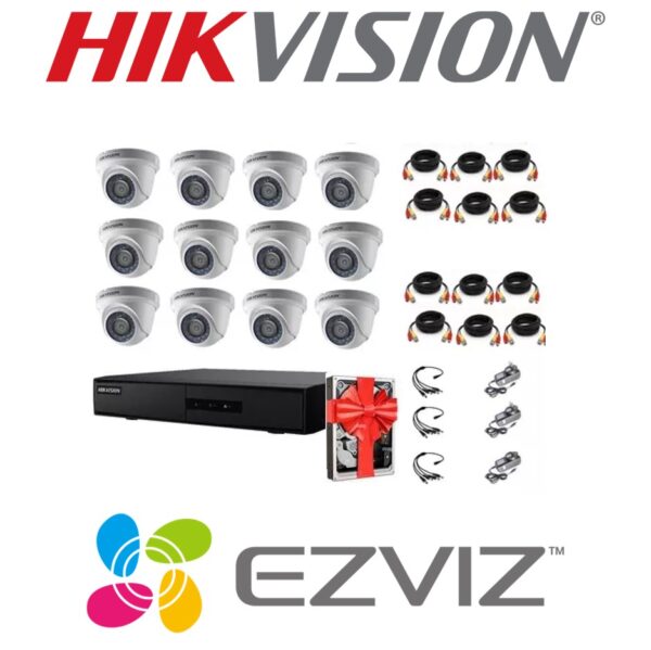 Sistema De Seguridad Kit 12 Camaras Domo + Dvr 16 Canales Hikvision Hd 1080P + Cable + 3 Fuentes + Disco