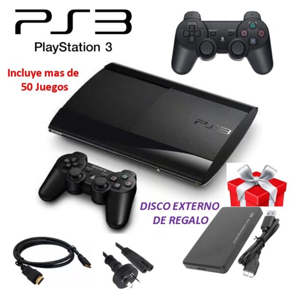 Sony PlayStation 3 500GB Consola + de 40 Juegos - Negra  Incluye 2 Joystick DualShock Ps3 Disco Externo Usb 3.0 de Regalo