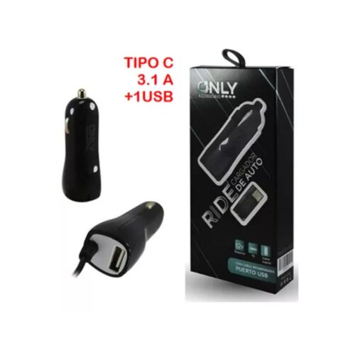 Cargador Usb Cabezal Auto 12V 3,1A - 1 Usb A + Cable Tipo C - Only - Negro Only Mod-7011