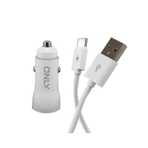Cargador Usb Cabezal Auto 12V 3,1A - 2 Usb A + Cable Tipo C - Only - Blanco Only Mod 37