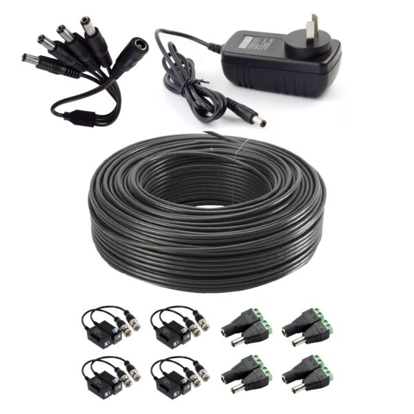 Kit Instalador Cable 100 Metros 2 Pares Exterior + 4 Pares de Balun + 4 Pares bornera corriente + Fuente 12V 3A + Pulpo x 4 Bocas
