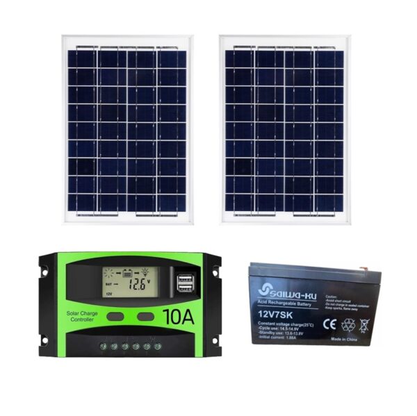 Panel Solar x 2 10w + Regulador 10A + Batería 12V 7A