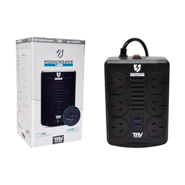 Estabilizador Trv Powersafe Usb 6 Tomas 2Xusb2.4A 2000Va Hasta 500W Corte Automatico Por Sobretemperatura