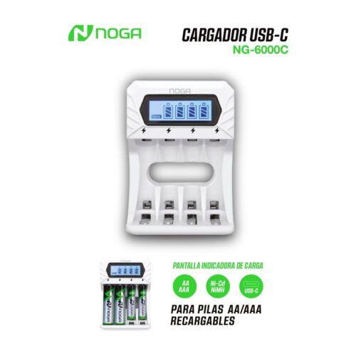 Cargador Pilas Recargables Noga 4 Pilas AA AAA NG-6000C Cable Usb Tipo C