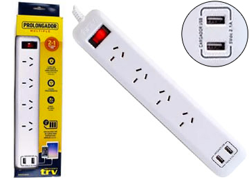 Zapatilla De Corriente 220v 4 Bocas Trv Con 2 Usb 2.1a Cable 1.5mts