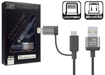 Cable Micro Usb + Lightning 8 Pines Team Group Dual Android Iphone 20cm Mfi Certificado Gris