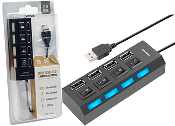Hub Usb Netmak Nm-ac08 4 Puertos 2.0 Con Corte Cable 30cm - Entrada Para Transformador 3.5x1.5mm No Incluido