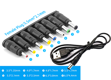 Cable Cargador Usb A Plug 5.5x2.1mm Con Kit De 8 Plug Pack 1mts 20w