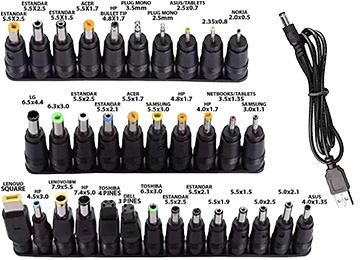 Cable Cargador Usb A Plug 5.5x2.1mm Con Kit De 34 Plug Pack 1mts 20w