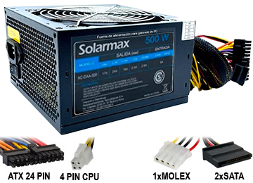 Fuente Solarmax 500w +12v 16a 24+4pines 1xmolex 2xsata Cooler 12cm