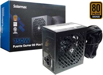 Fuente Solarmax 750w 80 Plus Bronze 1x24pines 2x8pines(4+4) 2x8pinespcie(6+2) 4xsata 3xmolex +12v 62.5a