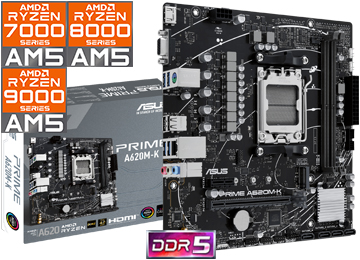 Mother Asus Prime A620m-k 1xvga 1xhdmi 2xddr5 2xps2 6xusb 1xpciex16 1xpciex1 4xsata 1xm2 Rj45 7.1 Am5 Ryzen Serie 7000 8000 9000 - Soporta Hasta 120w - Compatible Aura Sync