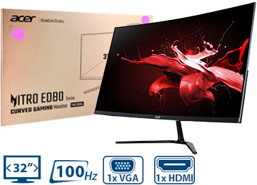 Monitor Acer 32 1xhdmi 100hz 1xvga 75hz 1xjack3.5mm 1ms 16.7m 250nit 1920x1080 Incluye Cable Hdmi No Trae Parlantes 31.5 Pulgadas Usa 12v 3.5a Curvo Negro