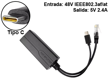 Adaptador Balun Extensor Poe Splitter Rj45 + Usb Tipo C Por Utp - Entrada 48v Poe Pasivo A Salida 5v 2.4a Usb Tipo C - 10 100mbps